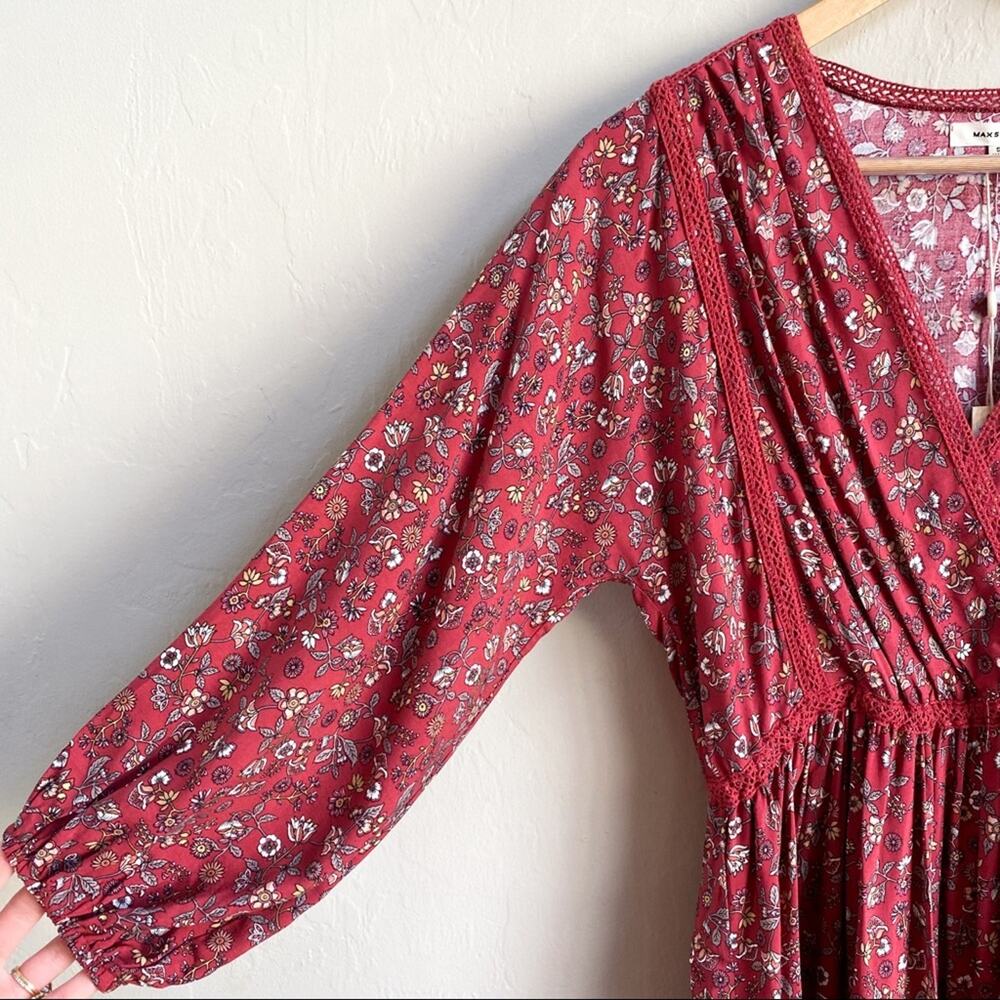 NWT Max Studio Boho Red Floral Bubble Sleeve Peasant Dress Small‎ - Picture 6 of 7